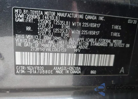 2020 Toyota Rav4 Le из США, поврежденный, VIN 2T3H1RFV8LC063159